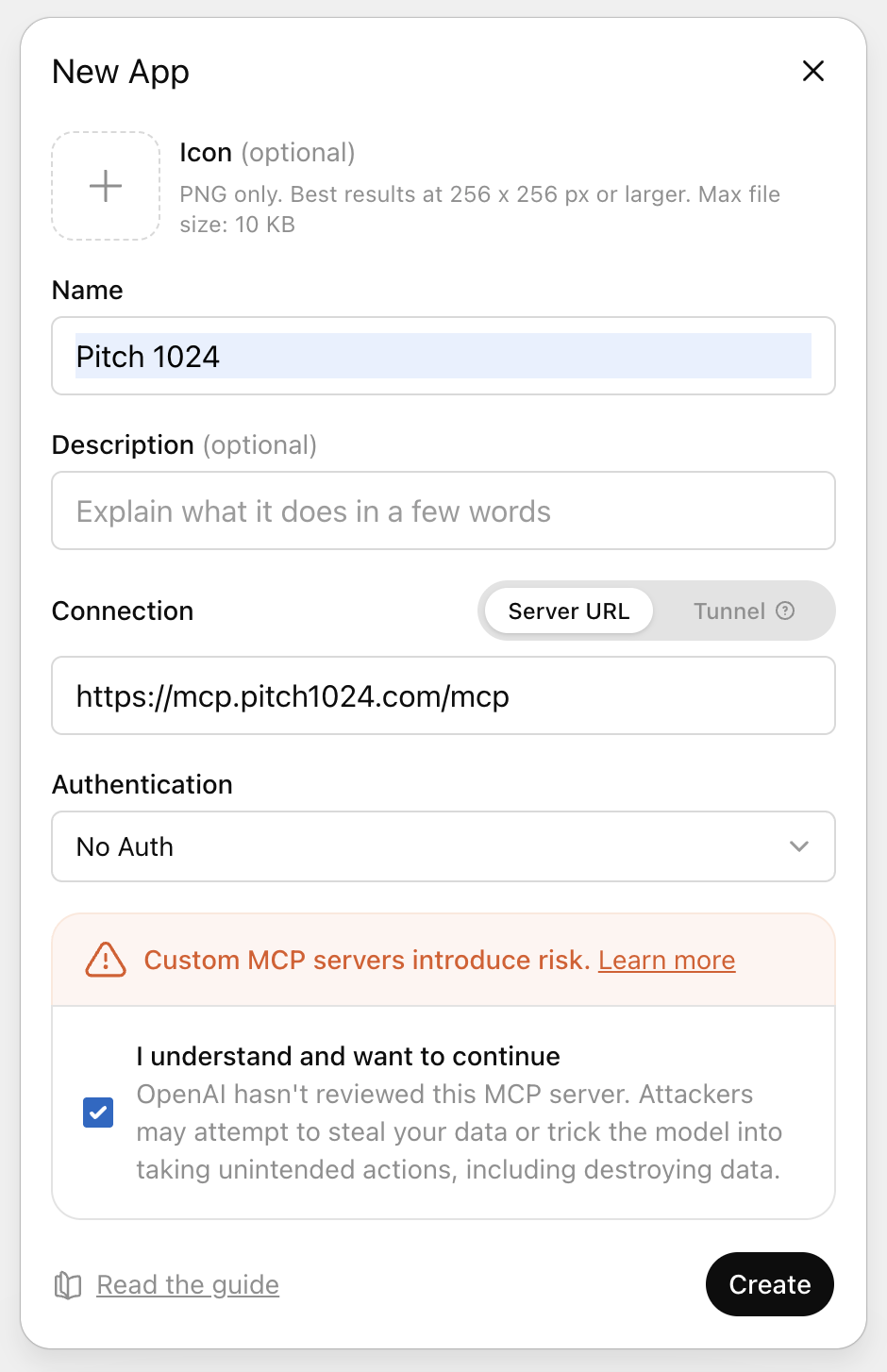 ChatGPT New App dialog with name Pitch 1024, server URL https://mcp.pitch1024.com/mcp, No Auth
